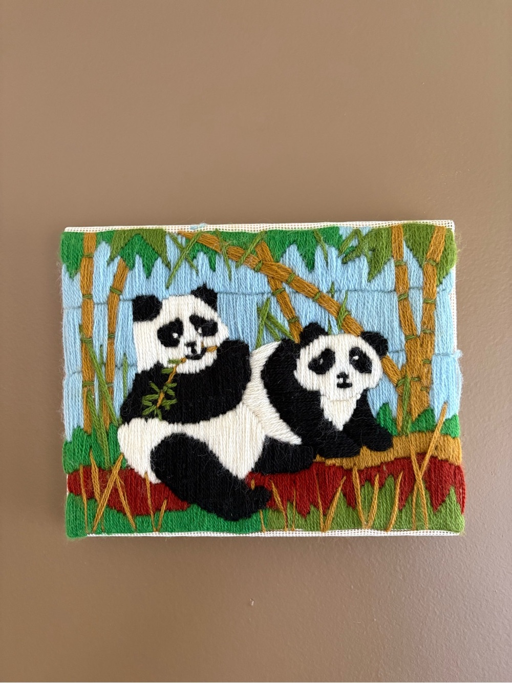Vintage Crewel Embroidery Pandas Eating Bamboo needlepoint wall art